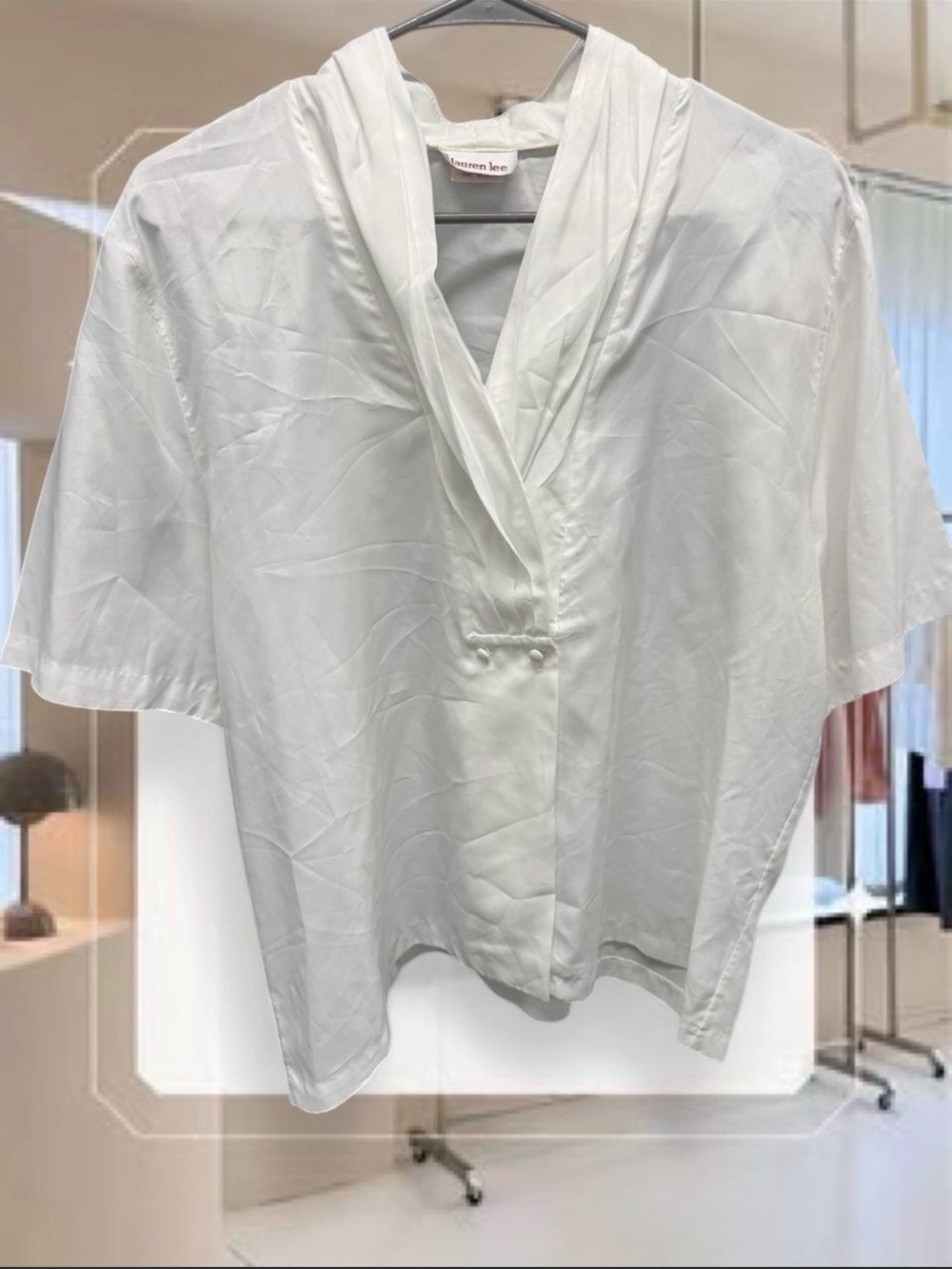 White Satin V-Neck Short Sleeve Blouse by Unknown Brand